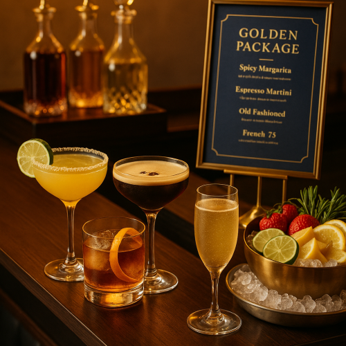 Luxury cocktail showcase featuring premium spirits and elegant presentation by DrinkUp Mobile Bar